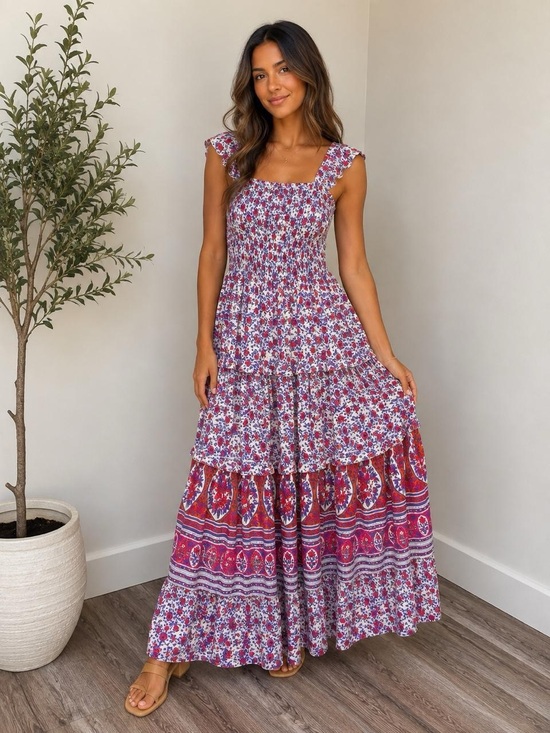 Abel The Label Dresses & Skirts - Smocked Floral Maxi Dress in Red and Pink